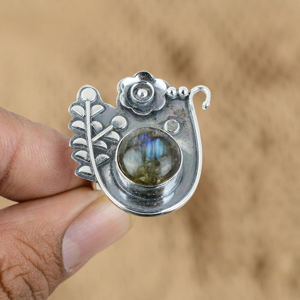 Mothers Day Deal Round Labradorite Gemstone Sterling Silver Art Deco Flower Ring