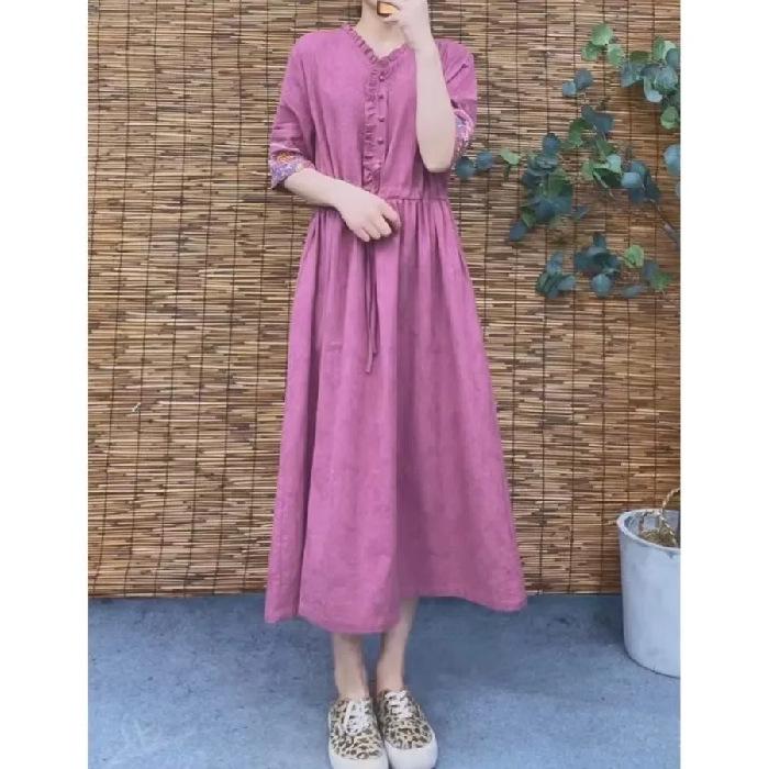 Retro Ethnic Embroidered Cotton Jacquard Midi Dress - Slim Fit, Cinched Waist, Trendy Summer Style