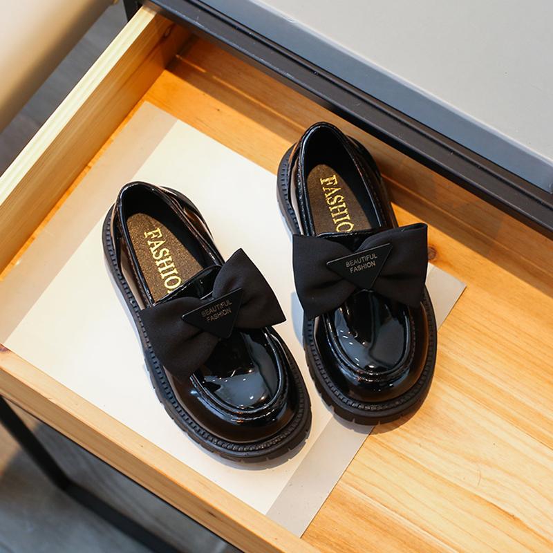 Black Girls Loafers Cute Fashion Simple Bow  Cute Kids UK Uniform School Shoes Breatheable Spring  Non-slip PU