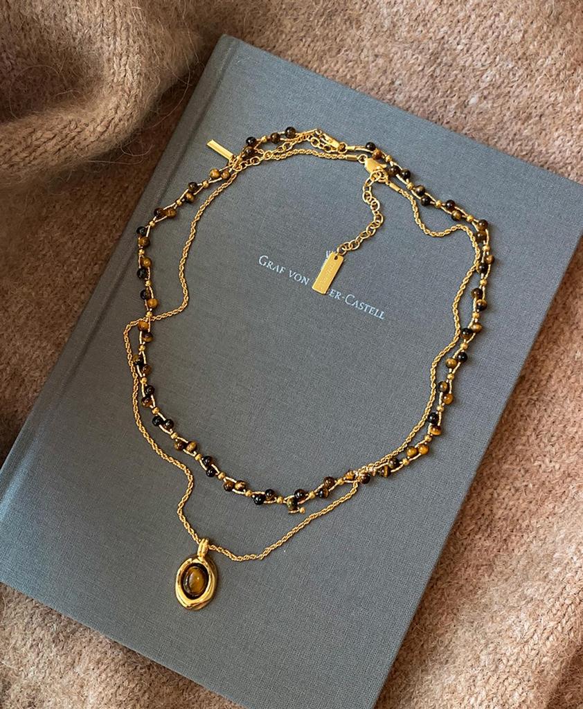 Gold-Plated Tiger Eye Beaded Necklace - Retro Y2K Clavicle Chain, High-End Versatile Jewelry