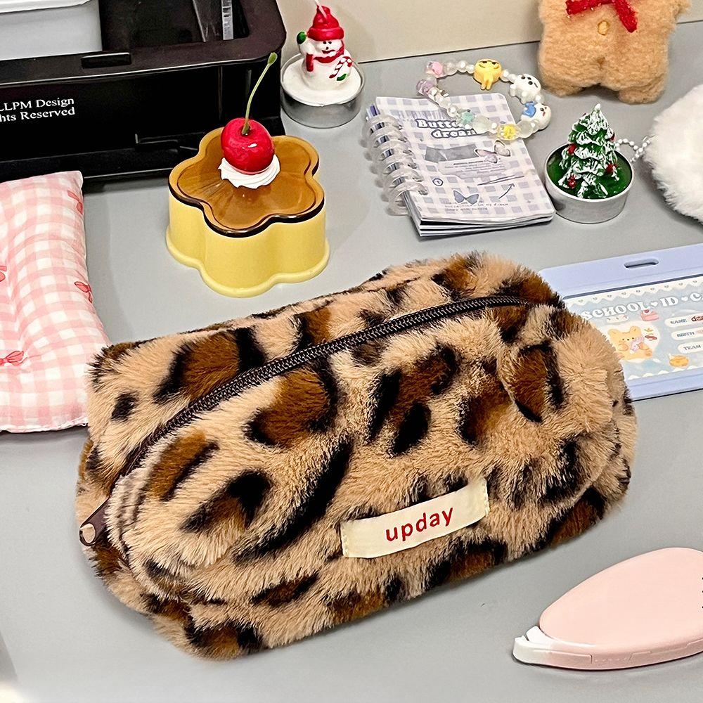 Leopard Print Pencil Case Large-capacity Fluffy Pencil Case Student Pencil Box Storage Makeup Bag