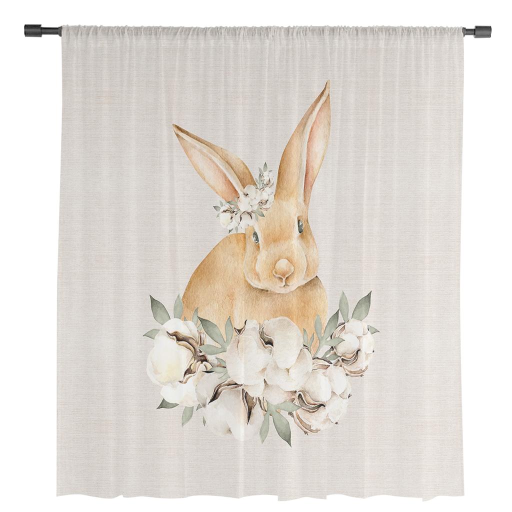Easter Watercolor Cotton Bunny Tulle Curtains For Living Room Bedroom Voile Sheer Curtain Window Home Decor Drapes