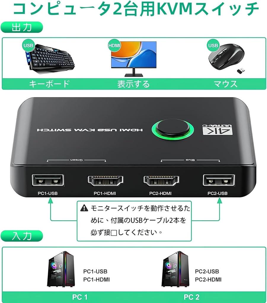 KVM Switch with HDMI 4K@60Hz support and USB 2.0 Switch, for 1 Monitor/2 PCs, Shares Keyboard, Mouse, and Printer, USB Switcher, Switches between 2 PC