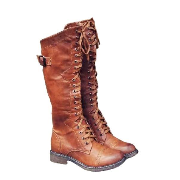 Velké velikosti podzimní a zimní módní kulatá špička nízký podpatek vysoká holeň křížové pásky rytířské boty ženy