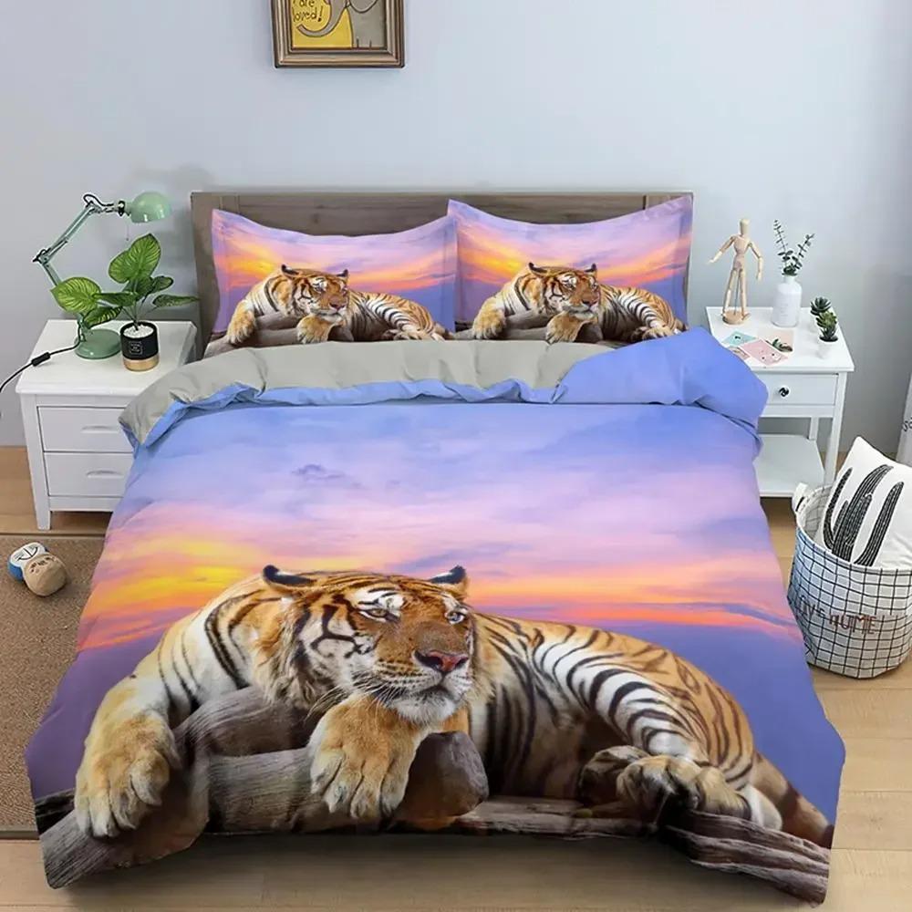 Tiger Duvet Cover Set King Size Wild Theme Bedding Set Animal Pattern Comforter Cover Animal Theme Sunset Polyester Quilt Cover