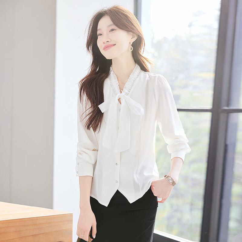 Troloman Women's V-Neck Bow Tie Long Sleeve Blouse