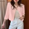 Women Casual Round Neck 3/4 Sleeve Loose Cardigan Blouse