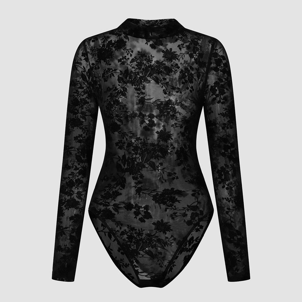 Sexy Slim Fit Long-Sleeve Lace Mesh Print Bodysuit 10804