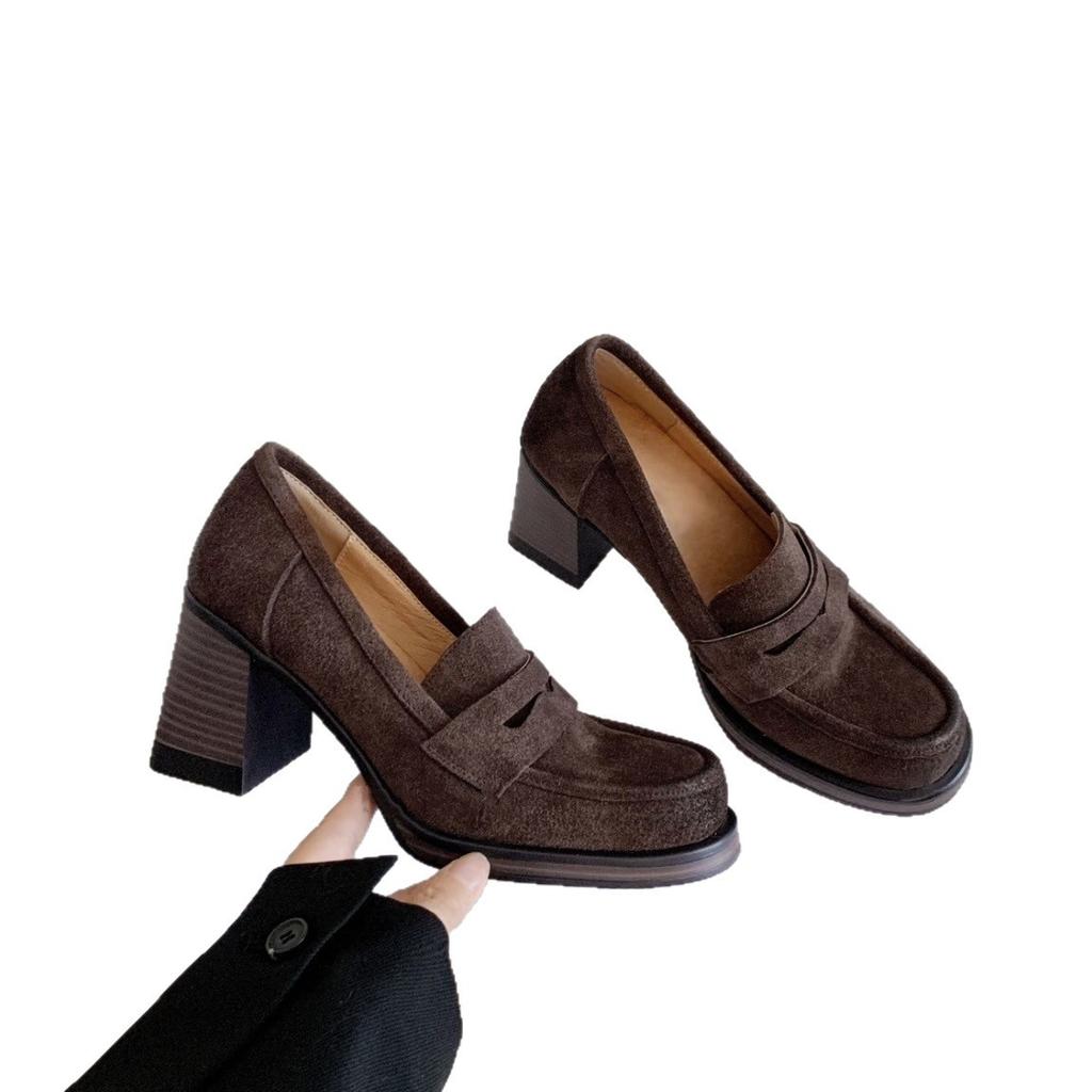 Retro Round Head Versatile Thick Sole Thick High Heel Loafers Women's Simple British Style Small Leather Shoes Deep Mouth Japanese Jk Single Shoes