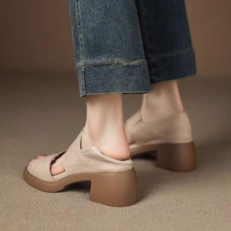 Retro Thick-soled Chunky Wedge Flip-flops for Women, Soft Leather Mid-heeled Peep-toe Shoes
