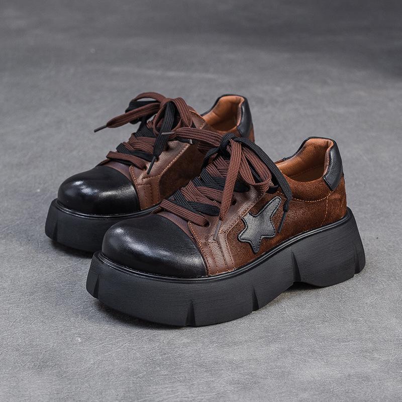 

Johnature Туфли-лодочки из натуральной кожи на толстой подошве с круглым носком, комбинированные цвета, на шнуровке, модные, универсальные женские туфли 38