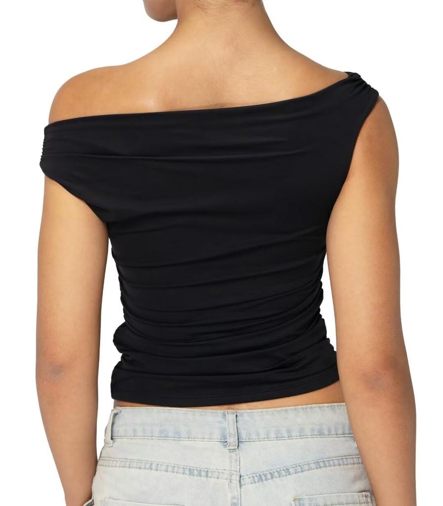 Schulterfreies, ärmelloses Crop-Top für Damen, trendiges Y2K-Ausgeh-Tankshirt, asymmetrischer Ausschnitt und gerüschtes Detail