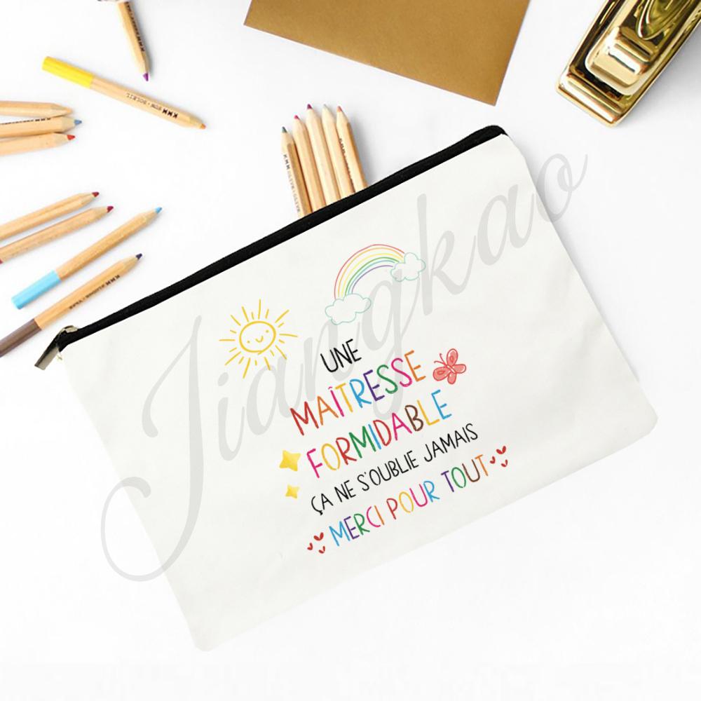Merci Maitresse French Print Makeup Bag Travel Neceser Toiletry Storage Pouch School Pencil Bags Best Graduate Gift for Teacher