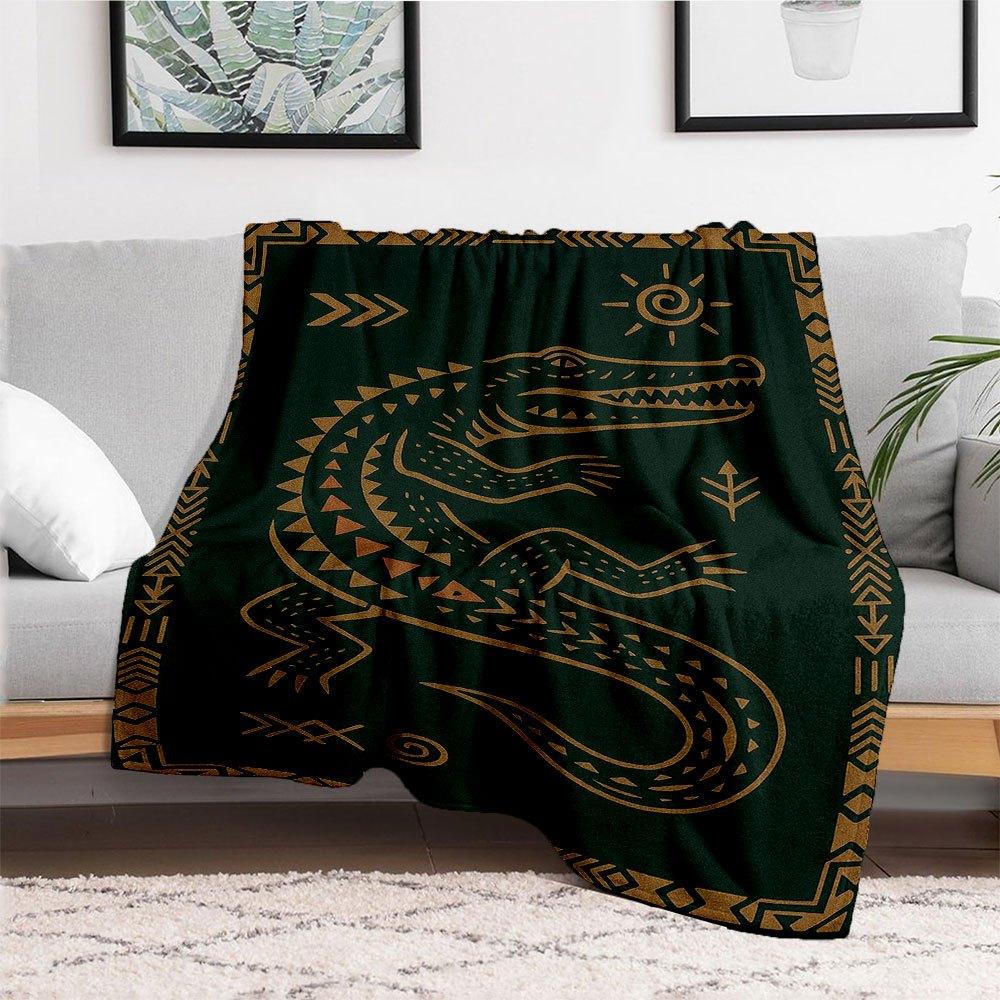 Golden Crocodile Rug with Ethnic Patterns - Unique Home DecorBlanket Flannel Throw Blanket for Sofa, Bed, Travel, Camping, Office, Couch, Ch