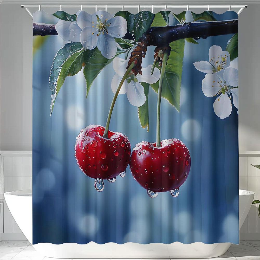 

[] 1pc, Cherry Printed Shower Curtain, 180.34x180.34 cm, with Hooks, for Bathroom Home Decoration, All Seasons 90x180cm
