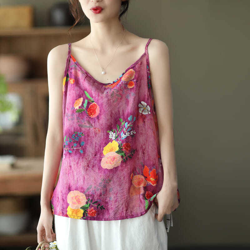 Women Floral Print V Neck Camisole Loose Fit Casual Sleeveless Linen Blend Tank Tops S красный