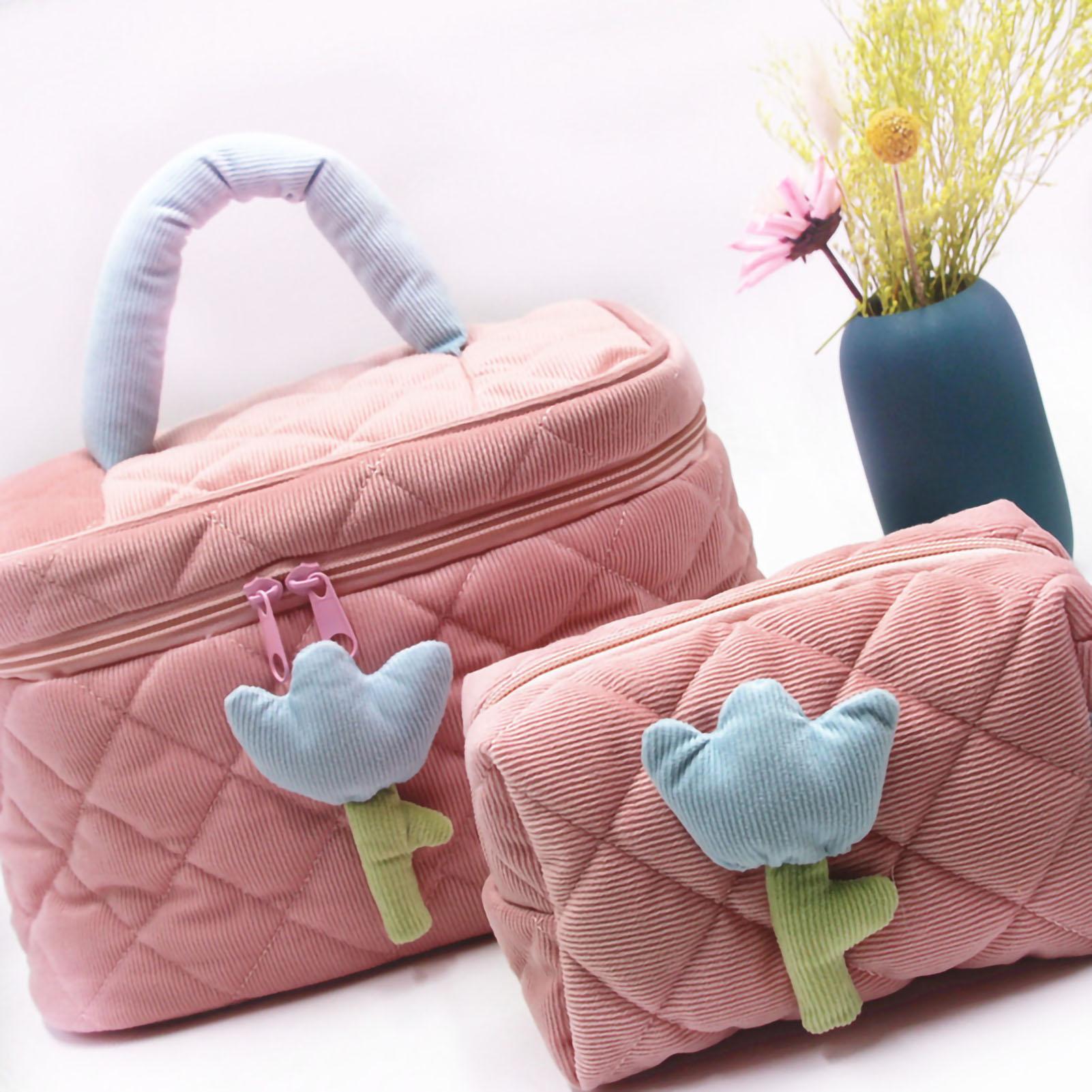 

Cosmetic Bag Corduroy Tulip Large Capacity Portable Lovely Toiletry Storage Bag for Girls Pink Large