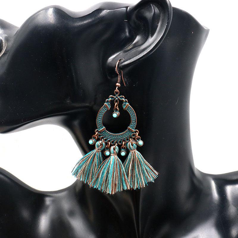 GemChic Women's New Vintage Geometric Metal Turquoise Long Tassel Fringe Earrings Ethnic Fashion Hook Earrings Birthday Christmas Jewelry Gift