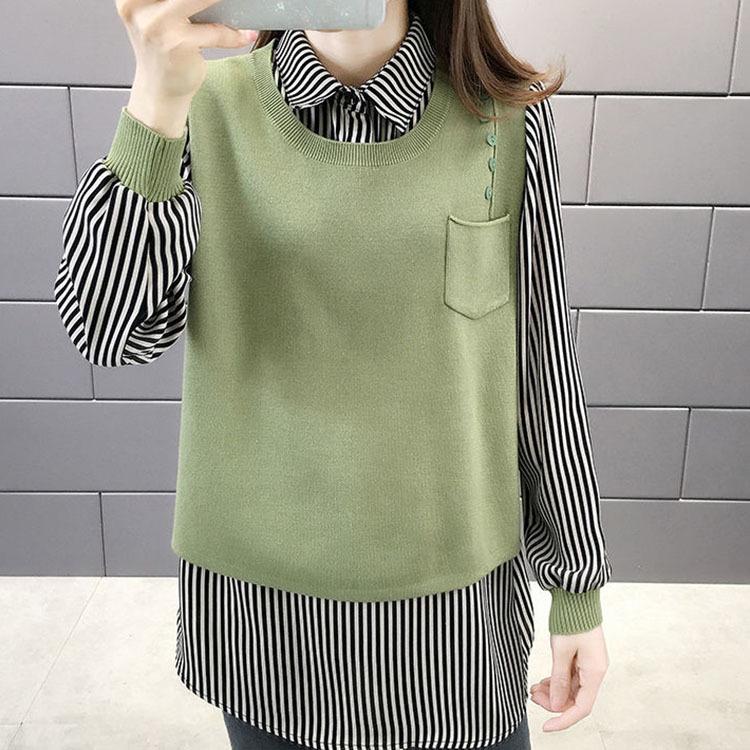 Blusa de dos piezas falsa de moda coreana para otoño e invierno, blusa informal de mujer con cuello redondo y manga larga con retazos