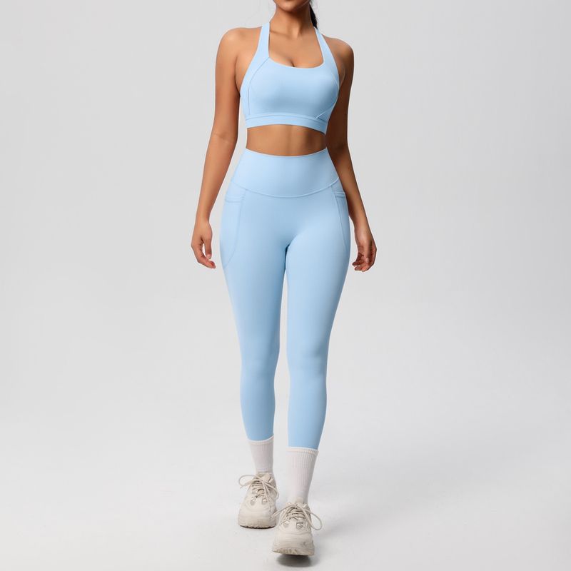 Fashion Nude Feel Beauty Back Cross Bubble Wrap Sports Bra High Waist Hip Lift Pocket Sports Yoga Pants Fitness Suit Women