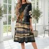 Women Halloween Printed Casual Crew Neck Three Quarter Sleeve Mid Length Dress with Pattern for Holiday Party