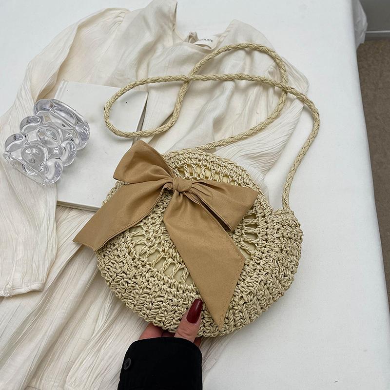 Sommer Kleine Stroh Schulter Umhängetaschen Handgefertigt Strand Handtaschen Schleife Gewebte Tragetasche Runde Umhängetasche Clutch