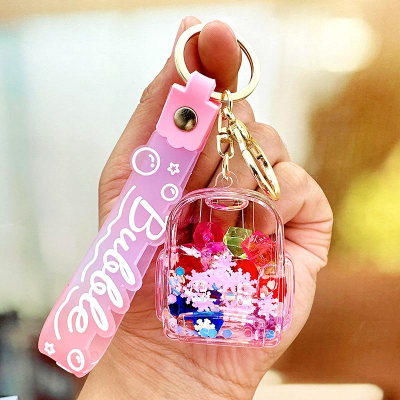Cartoon Colorful Quicksand Bottle Keychain Student Backpack Keychain Oil Liquid Acrylic Floating Doll Pendant