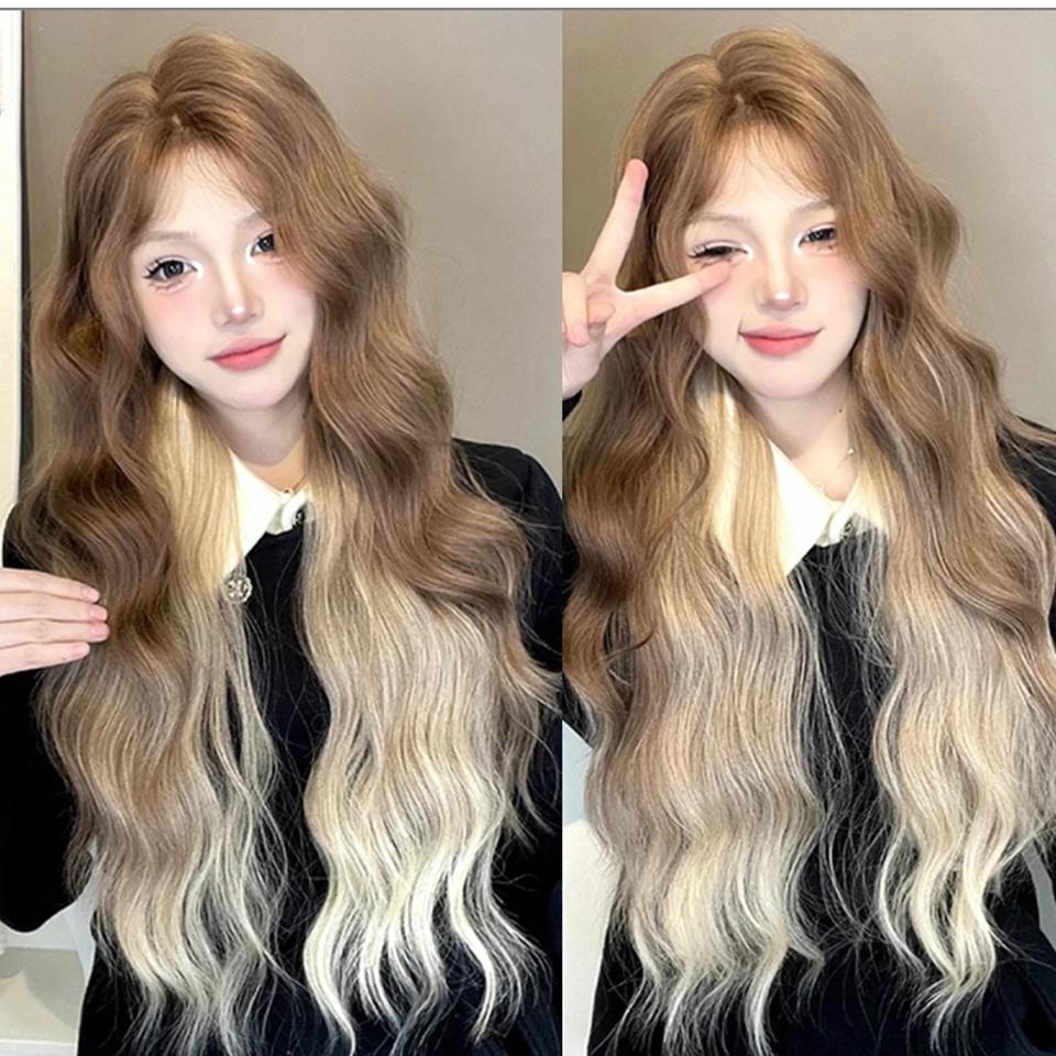 WTB Brown Gradient Full Head Synthetic Wig Female Brown Gradient Wavy Long Hair Big Wave S Hair Seam Full Head Wig