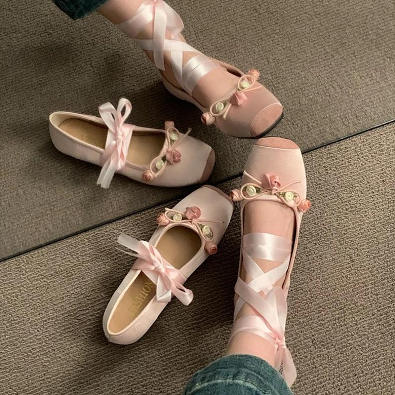 New Women Bow Tie Cross Ballet Flats Shallow Female Sweet Dancing Mary Jane Square Toe Ladies Single Shoe Party Outside