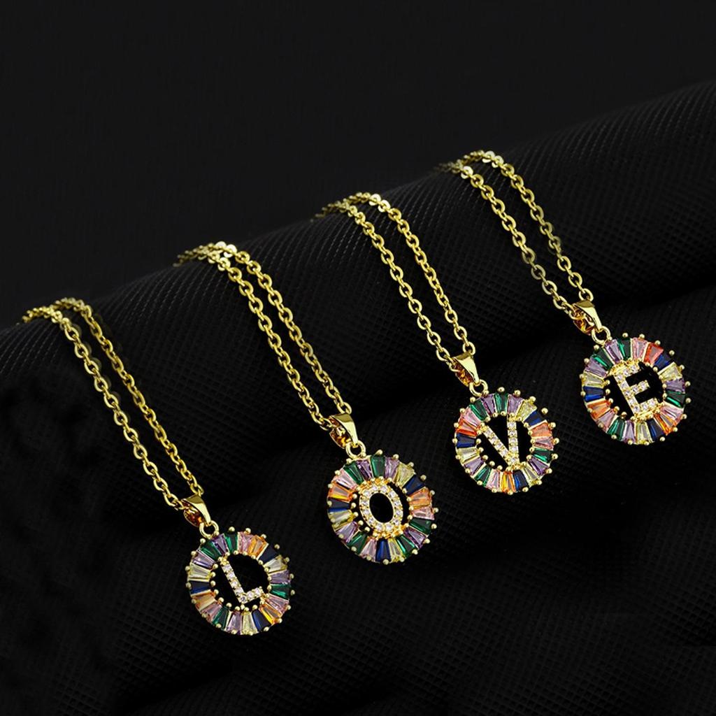 Xiyin Multicolor Zircon Copper Clavicle Chain Necklace with 26 Initial Pendants for Women