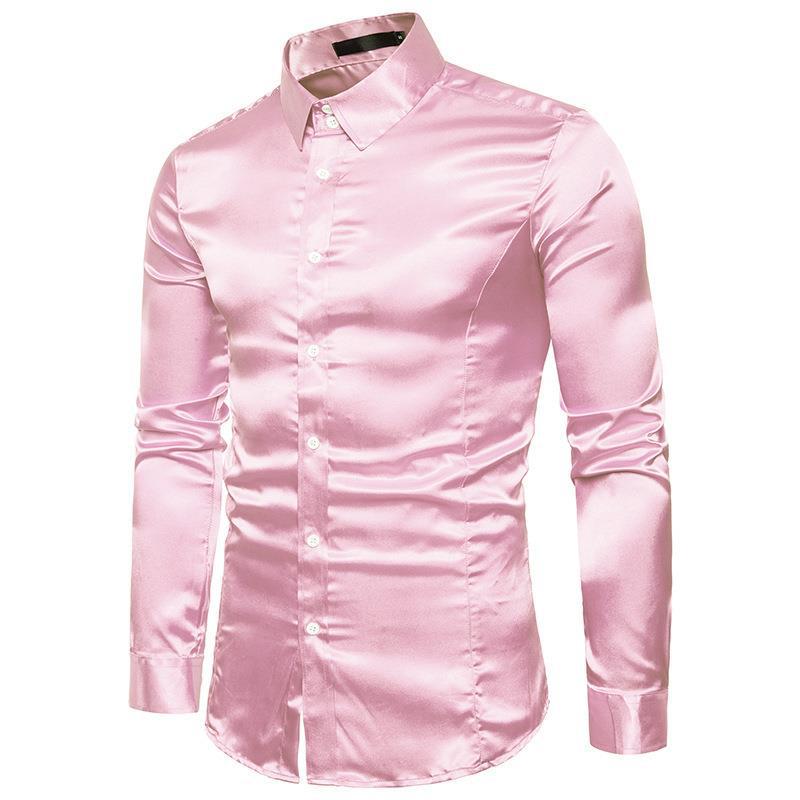

2023 Autumn Men s European Long Sleeve Shiny Casual Shirt XL розовый