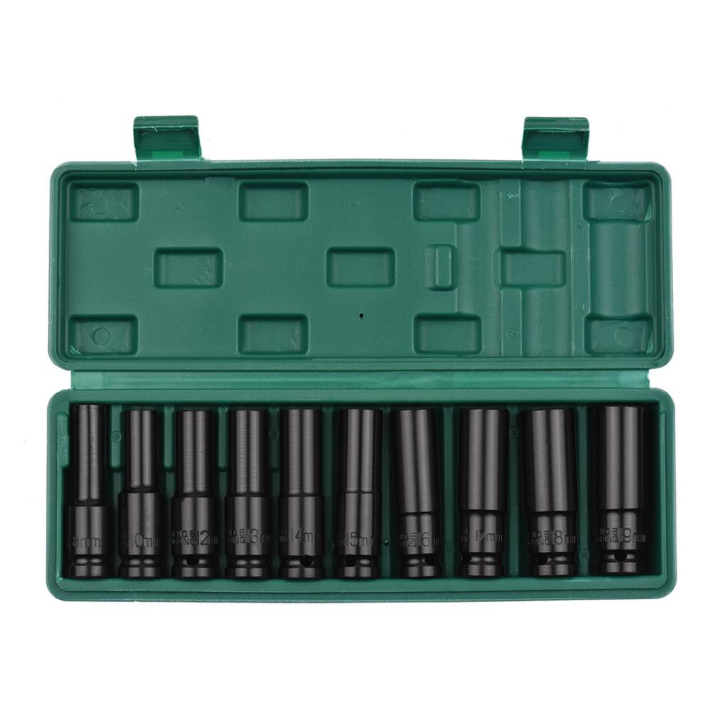 Geevorks 1/2Inch Drive Hex Impact Socket Set 10-Piece Deep Socket Metric Sizes 8-19mm CR-V Material with Storage Box