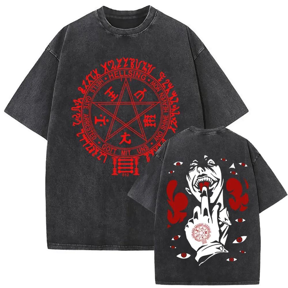 Hot Sale Anime Hellsing Abraham Van Helsing Vampire Alucard Print Tshirt Men Women Vintage Washed Cotton Summer Tee Oversize Top