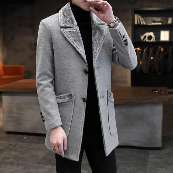 Men Business Jacket Medium Length Single-breasted Solid Color Plush Collar Autumn Winter Woolen Coat Windbreaker Streetwear
