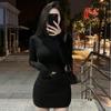 Elegant Slim-Fit Long-Sleeve Dress for Women - Autumn Half-High Neck, Waist-Cinched, Hip-Hugging Mini Skirt.