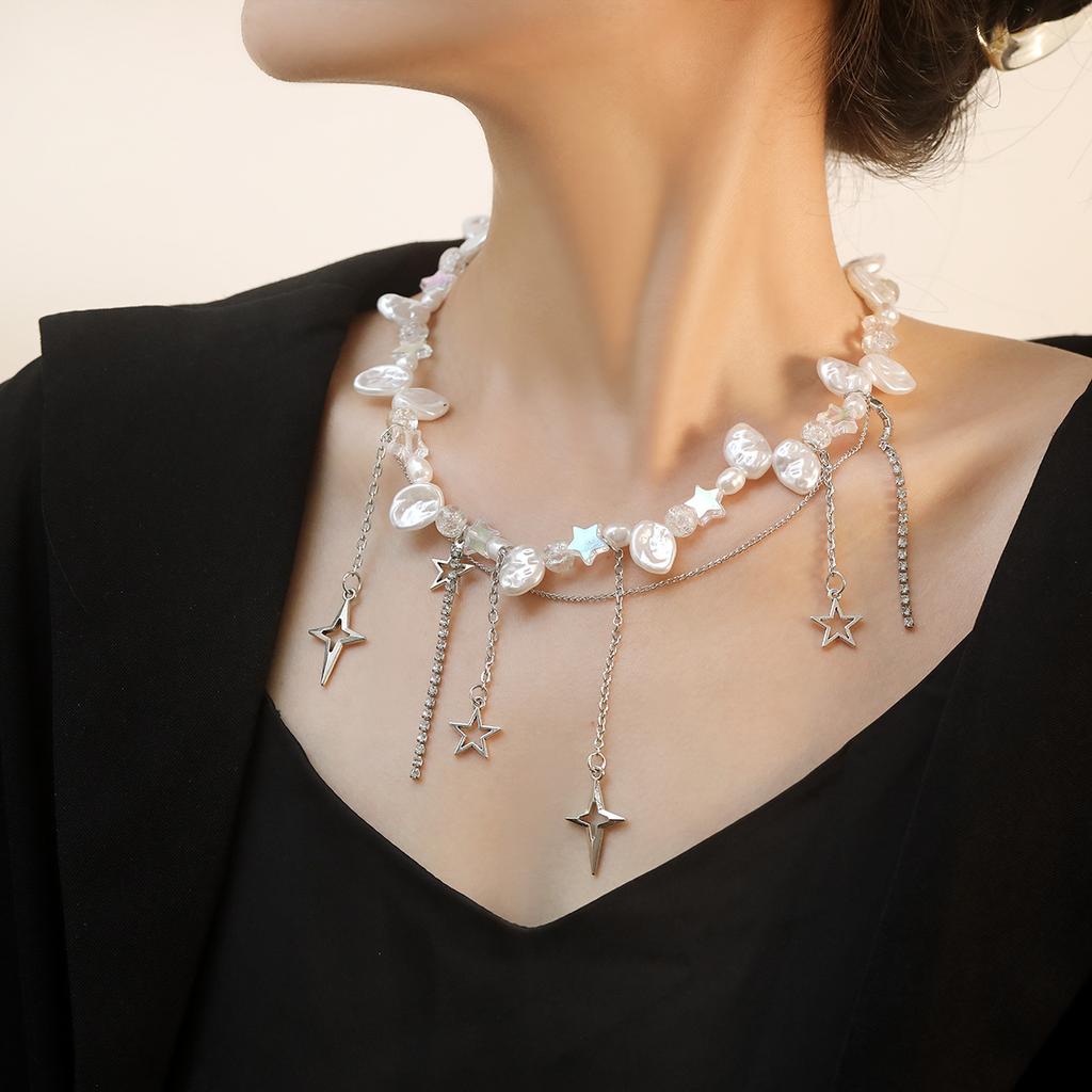 European and American Cold Wind Cross Star Diamond Imitation Pearl Necklace