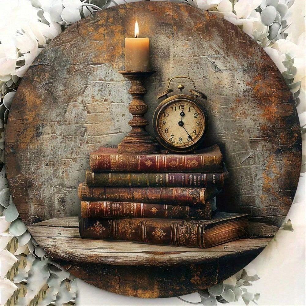 Retro Metal Wall Art Decor Vintage Book Candle Clock Tin Sign for Home