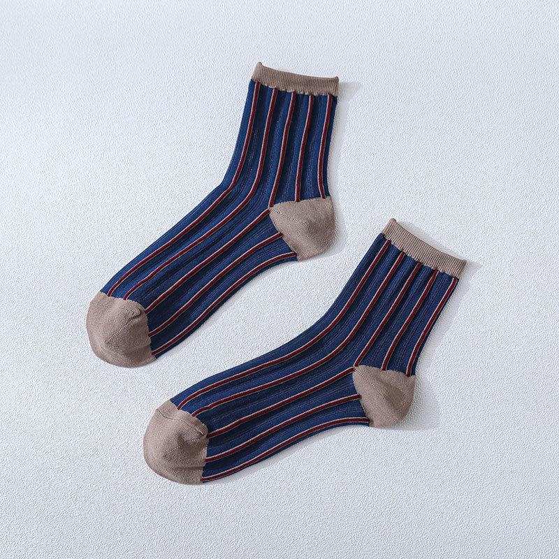 20 Spring And Summer Thin Cass Socks, Women'S Japanese Vertical Striped Glass Silk Medium Tube Socks, Fashionable Color Matching Women'S Socks