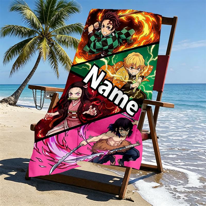 Custom Name Personalized Demon Slayer Print Beach Towel, for Trip Camping Beach Party Home Decor, Birthday Gift for Family & Friends