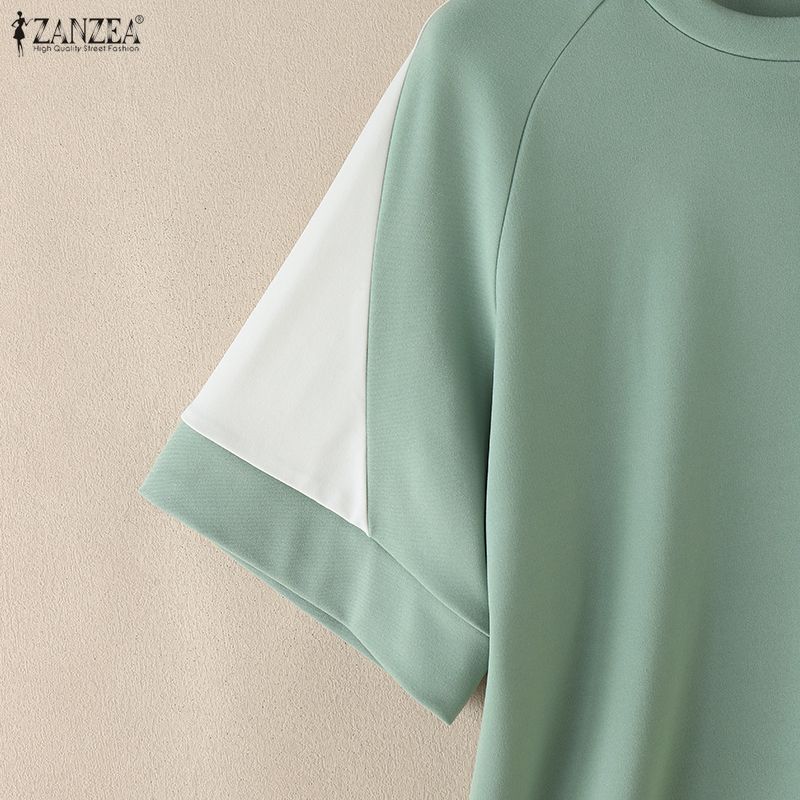 ZANZEA Women Casual Round Neck Loose Splice Short Sleeve T-Shirts