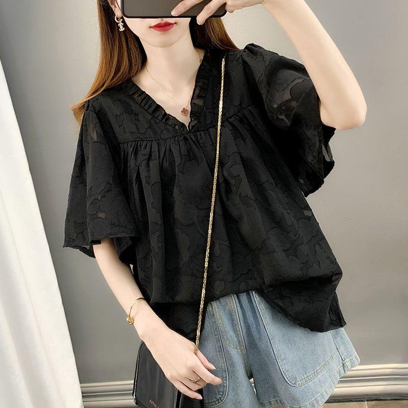 Fashion V-Neck Ruffles Spliced Blouse Women's Clothing Loose Casual Folds Summer All-match Solid Color Chic Jacquard Weave Shirt