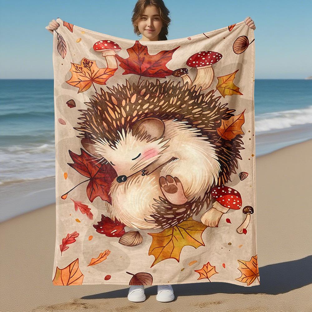 1PC Hedgehog, AutumnOutdoor Flannel Blanket - Soft Plush Decor for Picnics, camping, Bedroom, Playroom, Office, or Lunch Break 1219A
