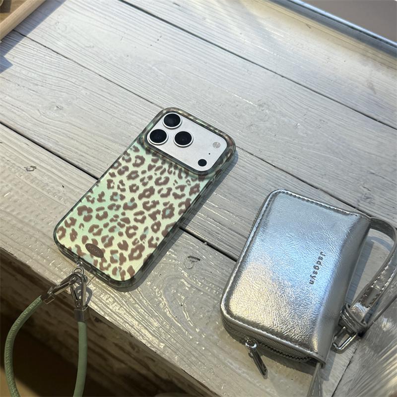 Mint Green Leopard Print Phone Case For iPhone 17 Pro 16 15 14 Pro Max with Wrist Strap Shockproof 16 17 15pro Protective Cover