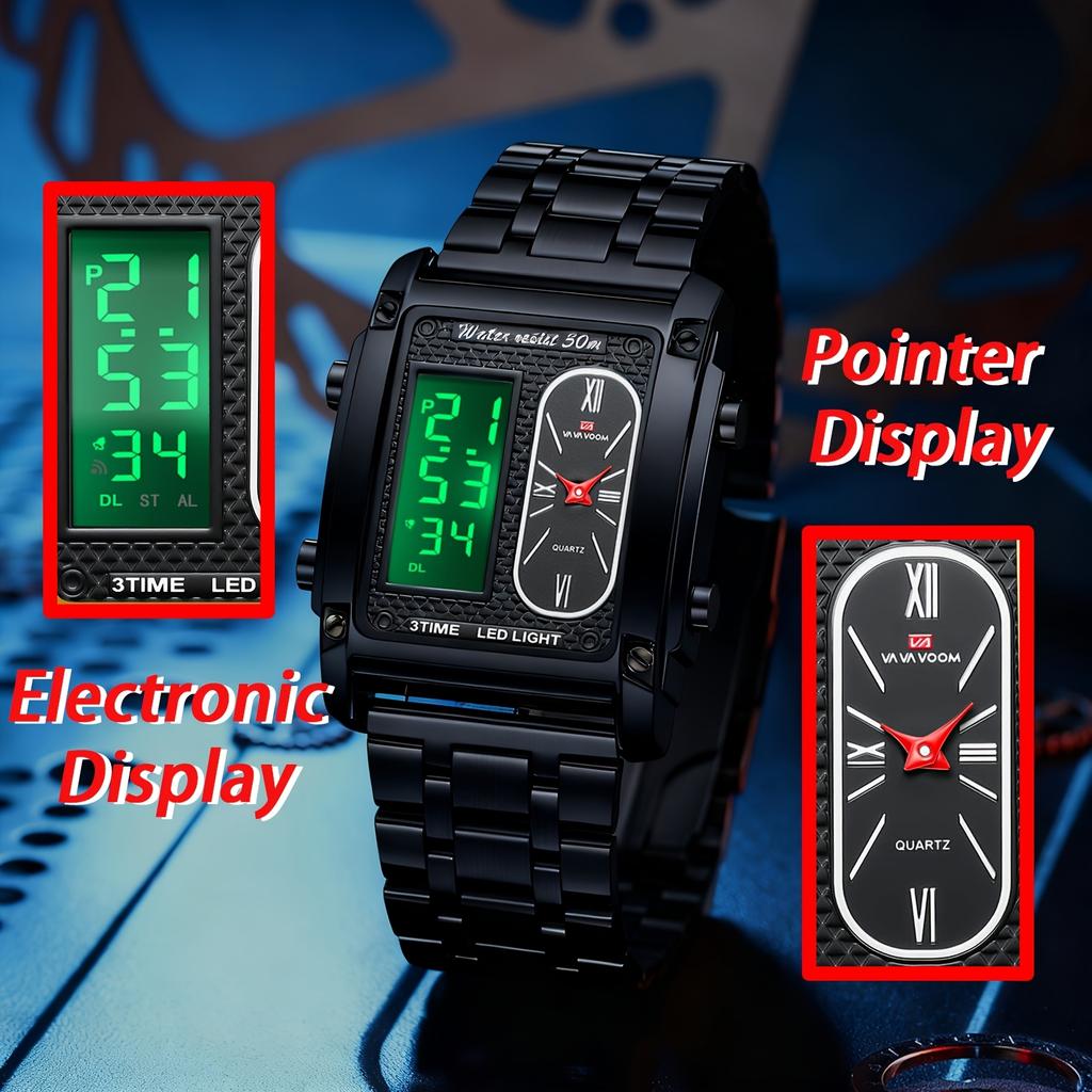 VA VA VOOM Men Watch Men’s Digital Watches with Dual-movement Display, Electronic Display + Analog Display,Stainless Steel Luminous Alarm Wristwatch