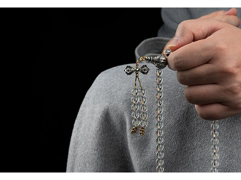 8-12mm White Crystal Buddhist Beads with Glass Rosary & Vajra Accessories.
