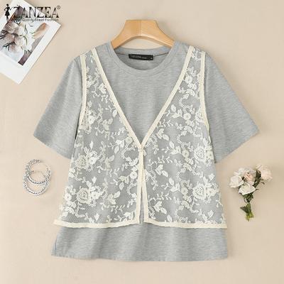 Women Casual Round Neck Lace Patchwork Summer Short Sleeve T-Shirts