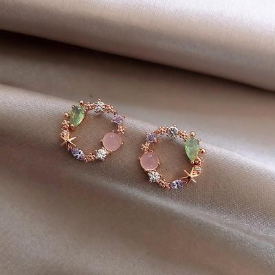 Orecchino a Bottone Rotondo Coreano Cristallo Rosa Verde Bottone per Donne Design Classico Dolce Fiore Cerchio Gioielli Matrimonio Moda Brincos