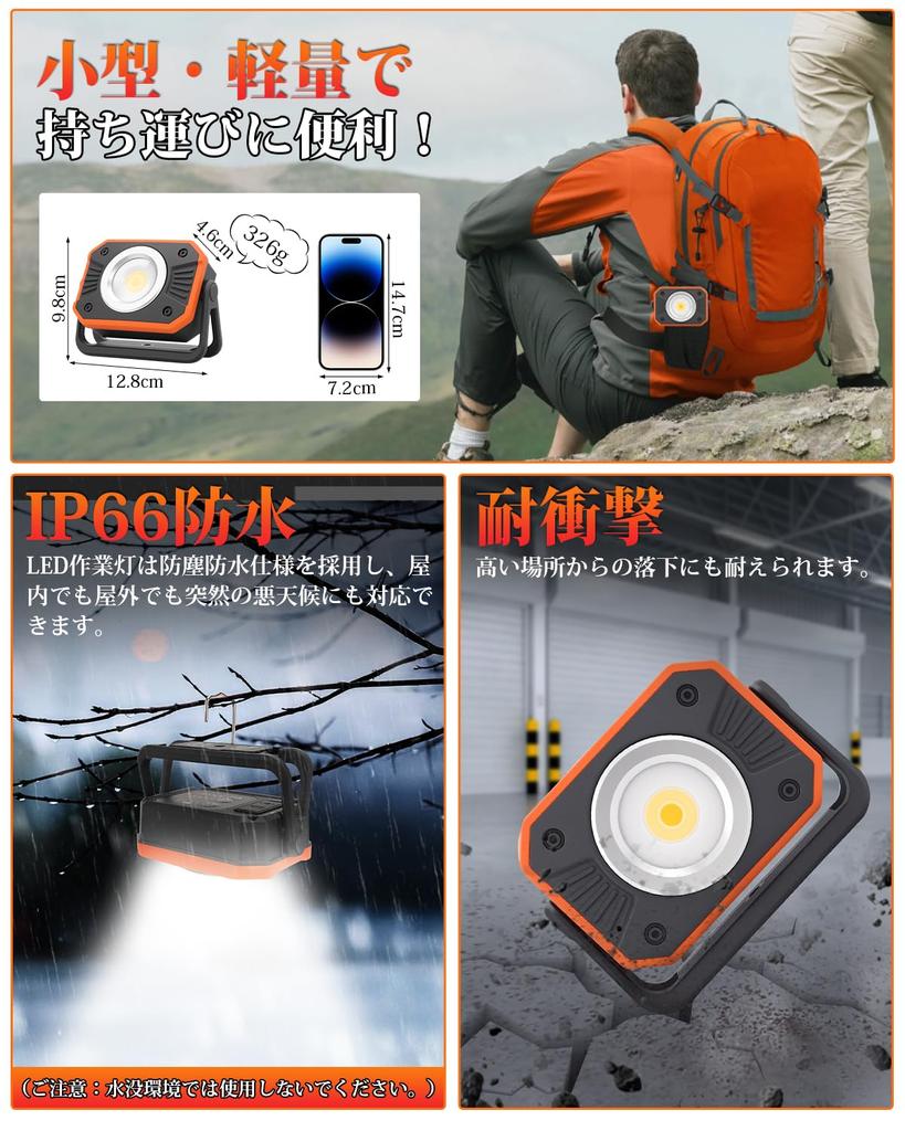 Kitazawa Shoji LED Floodlight with 4-Level Dimming and Color Adjustment, High Brightness, COB Light, LED Work Light, USB Rechargeable, Powerful Magnet