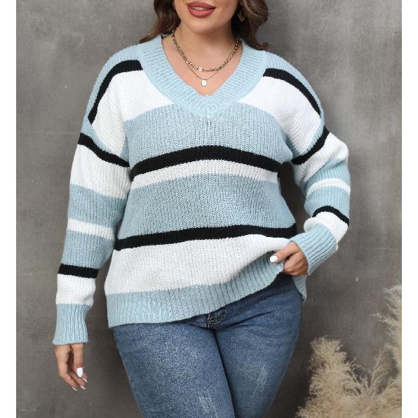 

Женский пуловер свитер Осень Зима Новый V-образный вырез Цветной блок Модный свитер 3XL