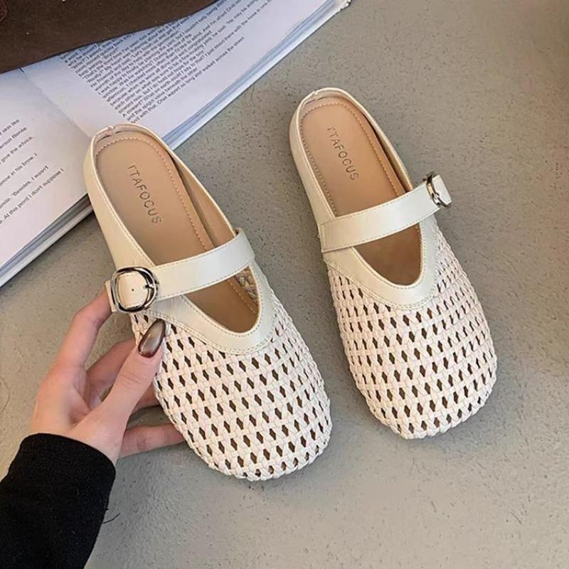 Pantuflas huecas tejidas de punta para mujer, verano, suela blanda, transpirables, planas, para persona perezosa